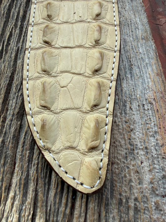 New Randall Model 12-9/14 Grind Sheath in Exotic Ivory Matte Crocodile (tail portion) from Treeman with a silver Canteen snap. Killer sheath.