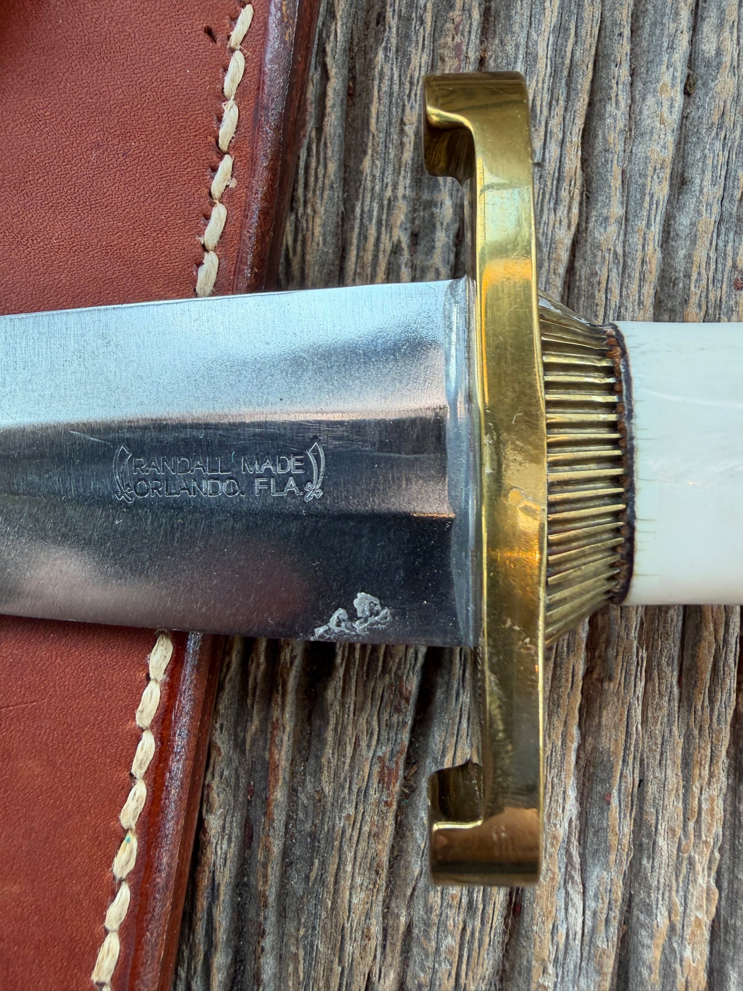 Randall Knife Model 13-6 Small Arkansas Toothpick in Elephant Ivory. Lugged Hilt, Scalloped brass collar and Coolie bottom,