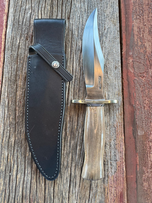 Nice Randall Knife Model 12-8 Big Bear. Gorgeous piece of creamy Fossil Walrus Ivory. ( Creams, greens) Nickel silver hilt and natural end, Stainless steel.