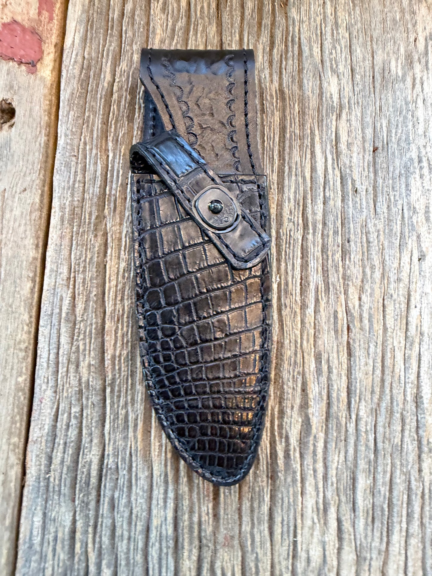 New Randall Model 11-5 Sheath in Exotic Black Crocodile from Treeman. Black canteen Snap .. Johnny Cash Style … All Black.