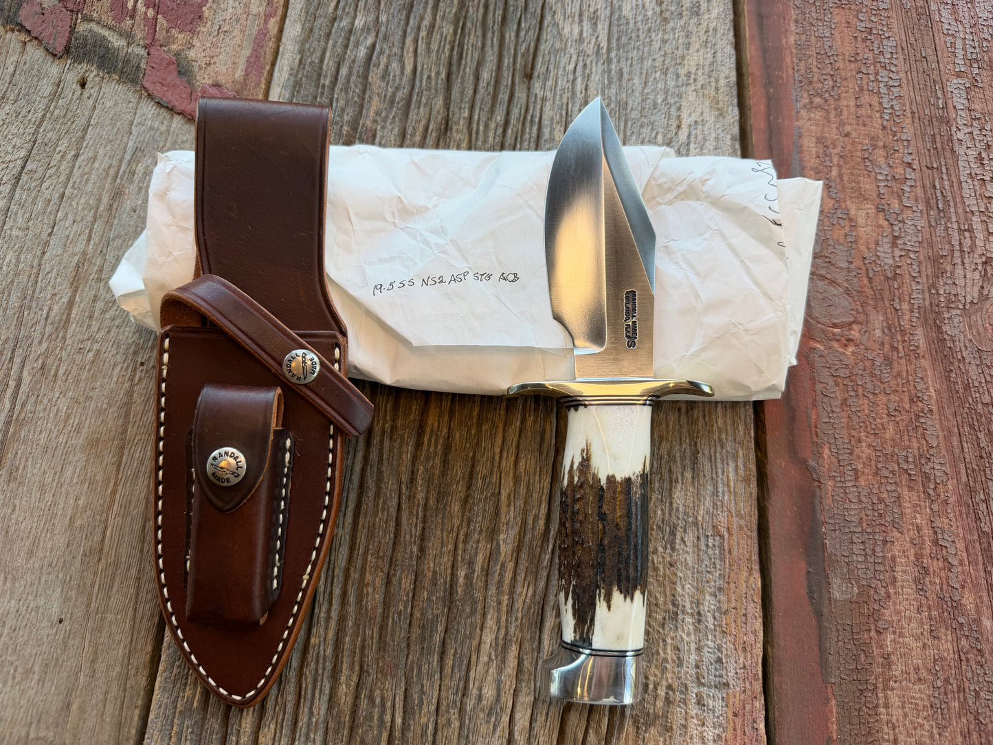 New in Paper Randall Model 19-5 with a Gnarly piece of Stag. Nickel silver Hilt and Aluminum crows beak Butt cap.