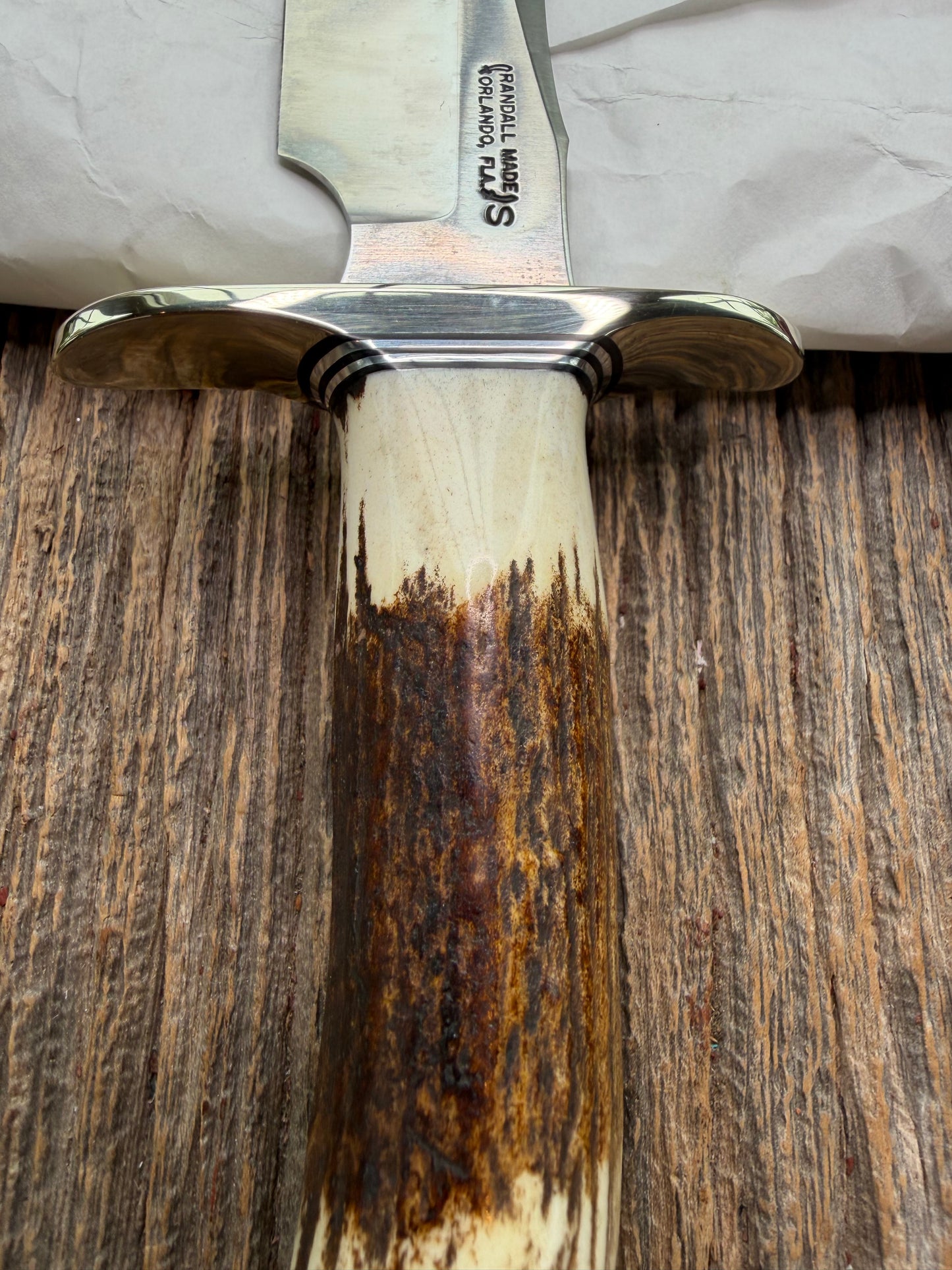 New in paper Randall Model 4-6F in a Stag Handle, Stainless Blade, NSH , BL and Al Spacers