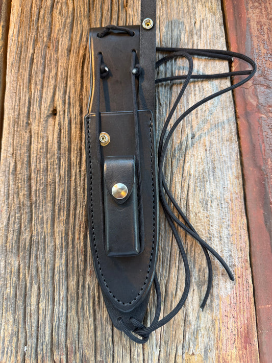 New Randall Sullivans by Gutcher Black Leather Knife Sheath Model Buxton with Sharpening Stone.