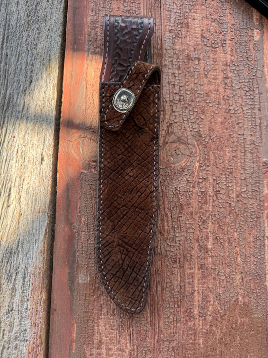 Randall Model 1-8 Sheath in Exotic Sueded Chocolate Brown Hippo by Treeman.
