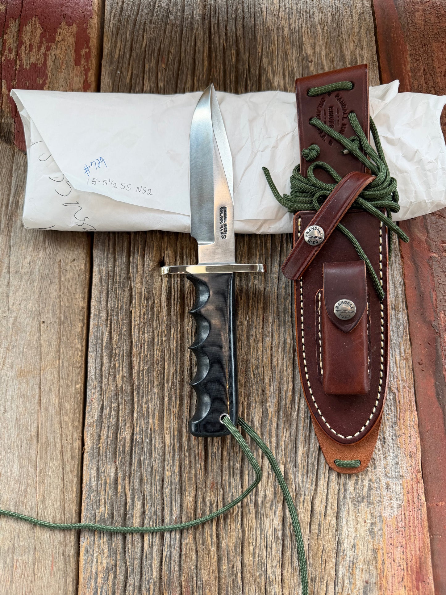 New Randall Knife Model 15 Airman Stainless Steel, Black Micarta, finger grooves.