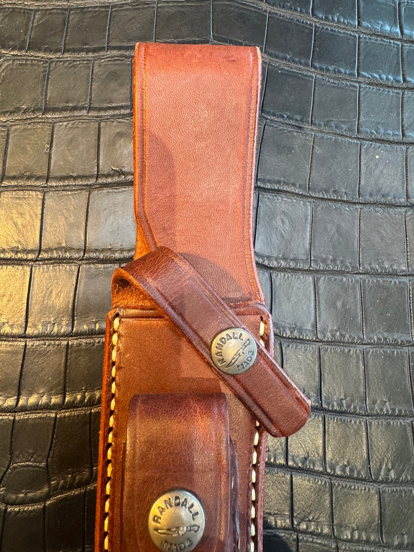New unused Randall Model 3-5 Sheath in Brown Leather made at Sullivans by Gutcher in Tampa Florida. Official sheath maker for Randall Knives.