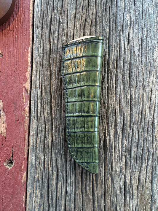 Randall Model 26 Sheath in Exotic Army Green Crocodile Throat style from Treeman.