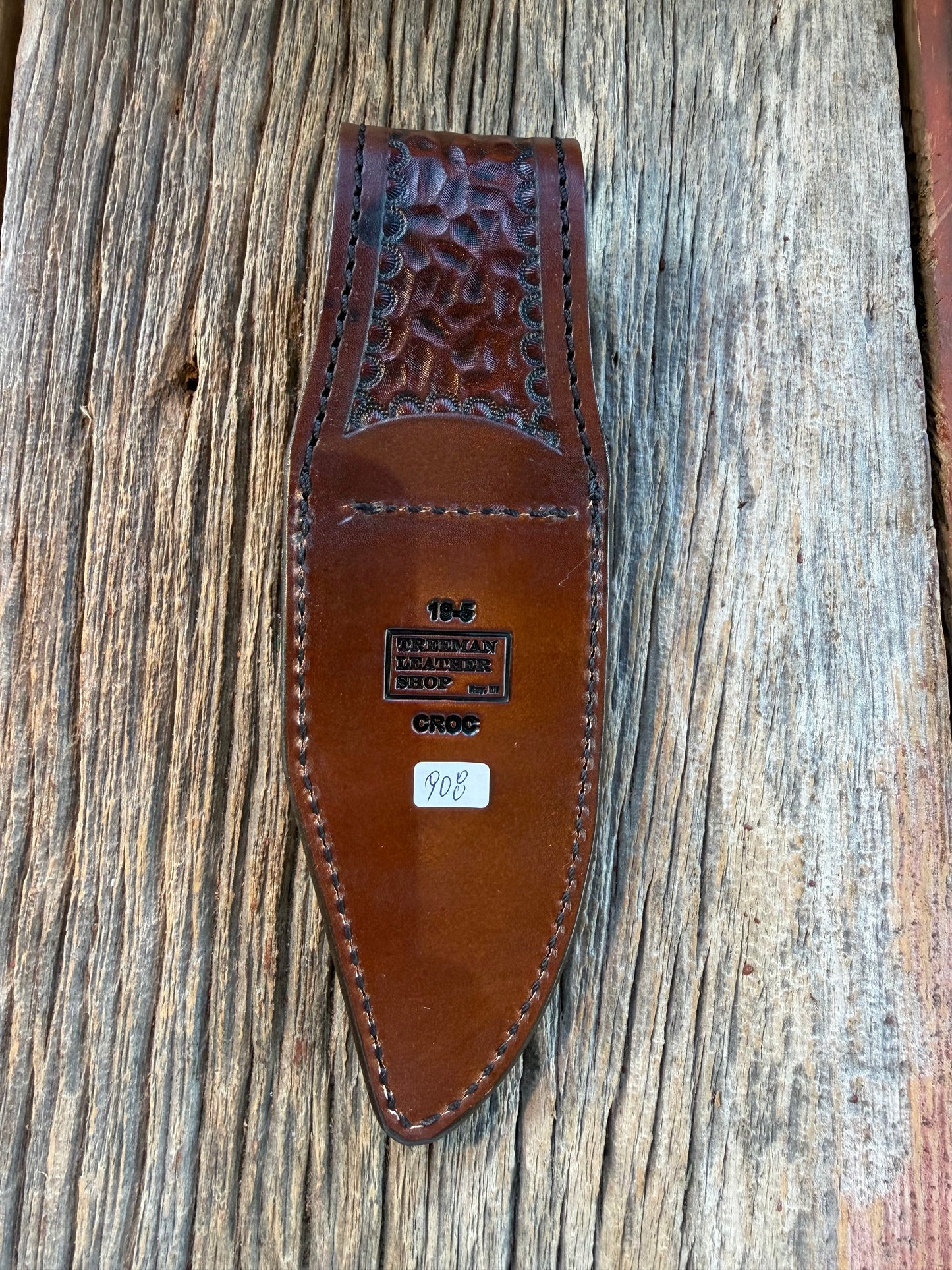 New Randall Model 19-5 Sheath in Exotic Dark Brown Sueded Crocodile from Treeman with the newest Black Canteen snap.