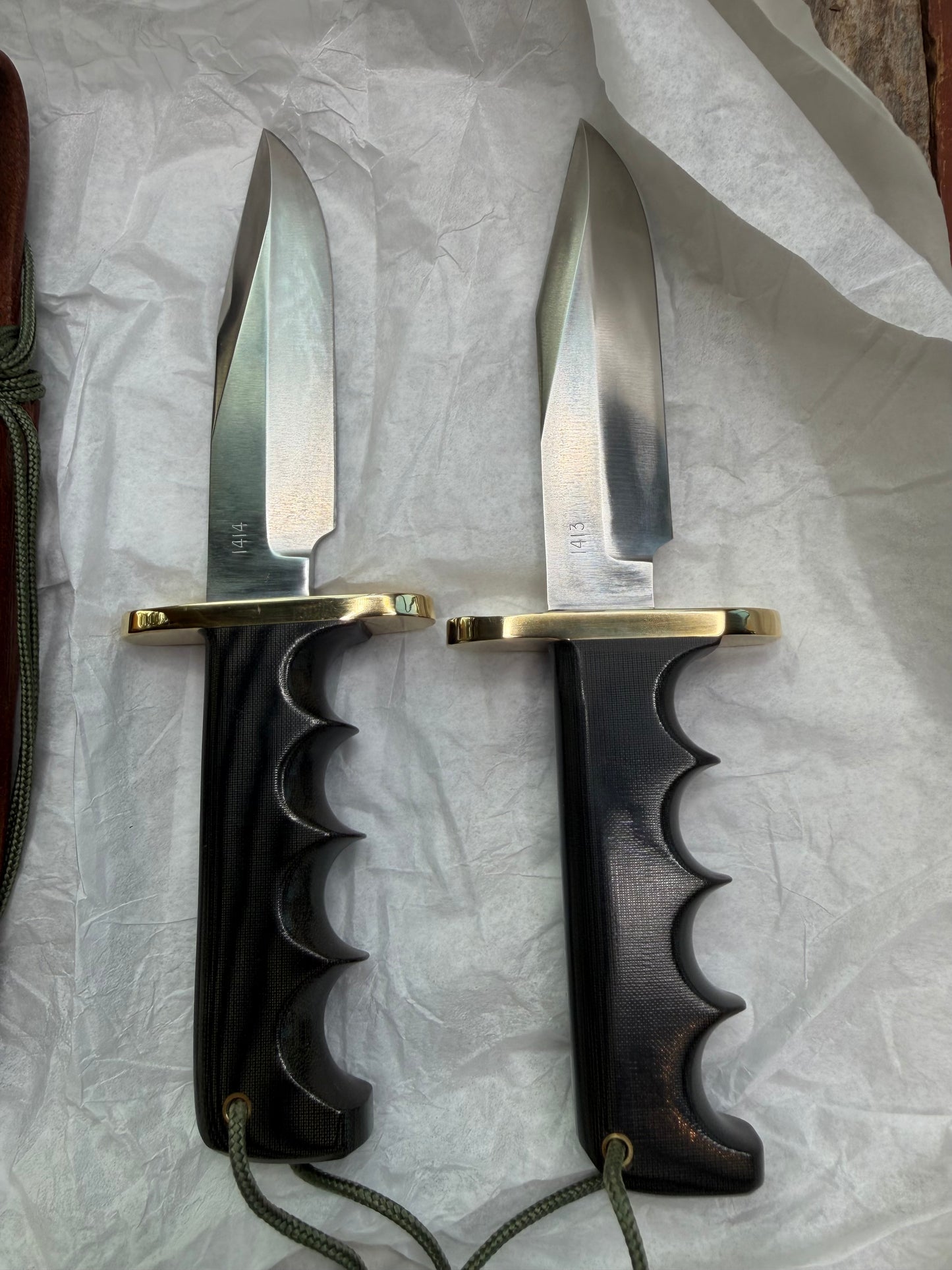New in Paper a Pair of Sequentially numbered Randall Made Knife Mini Model 14’s Attack Knife Black Micarta SN # 1413 and # 1414