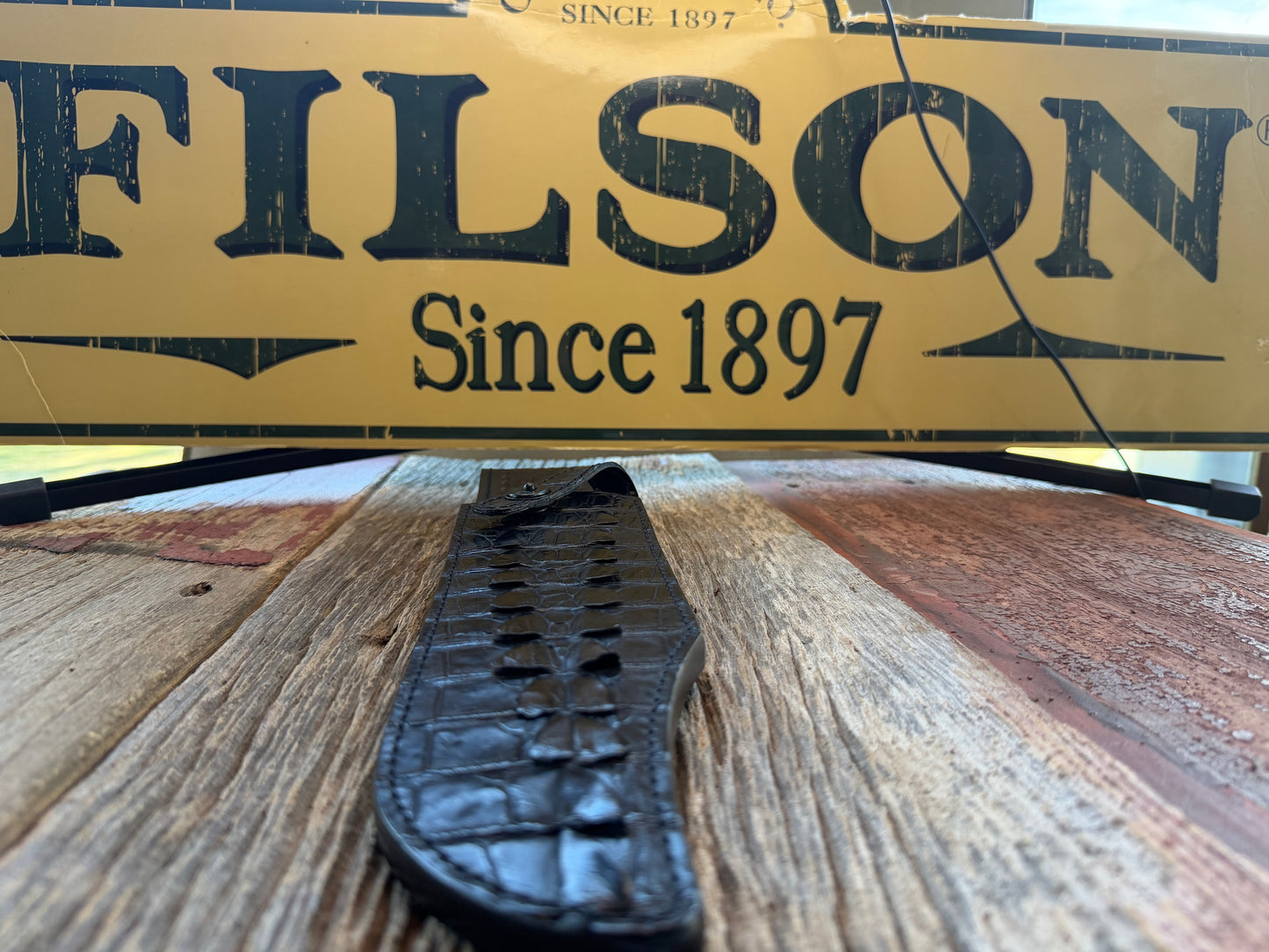 New Randall Model 12-11 Smitty Sheath in Exotic Black Crocodile tail from Treeman. Black canteen Snap .. Johnny Cash Style … All Black.