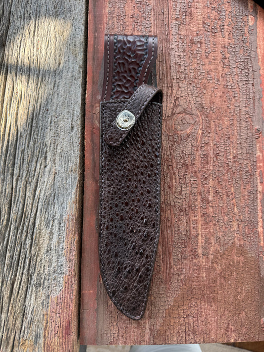 Randall Model 12-9/14 Grind Sheath in Exotic Dark Brown Snapping Turtle by Treeman. Supple tanned leather from the hind quarter.