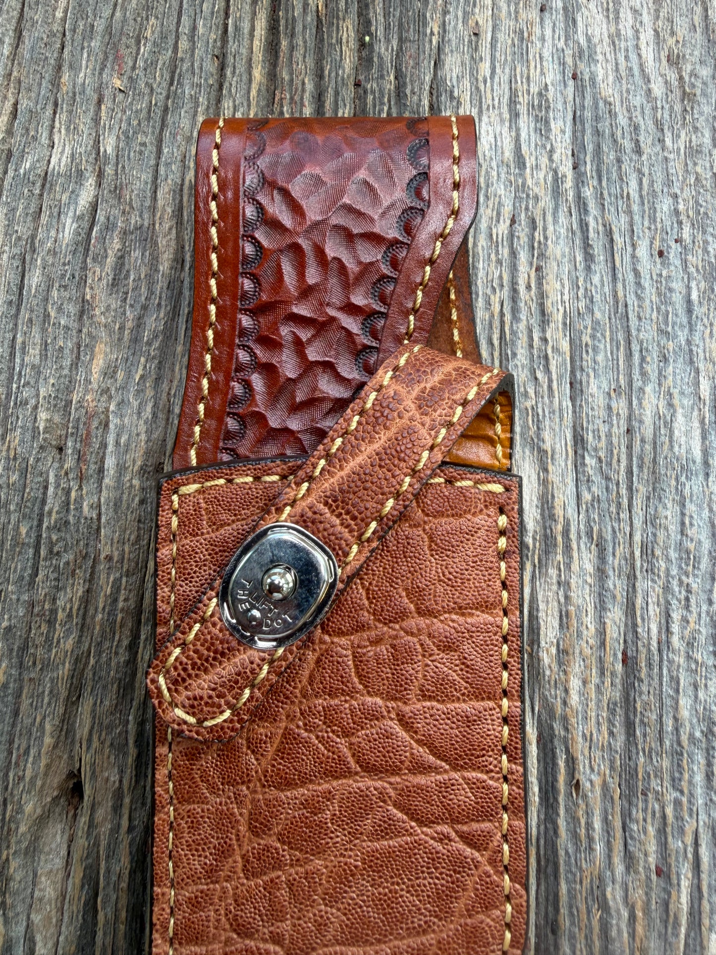 New Randall Model 12-8 Big Bear Sheath in Exotic thick and textured Rust colored Elephant hide on brown leather from Treeman with a silver Canteen snap. Hand tooled belt loop. Killer sheath.