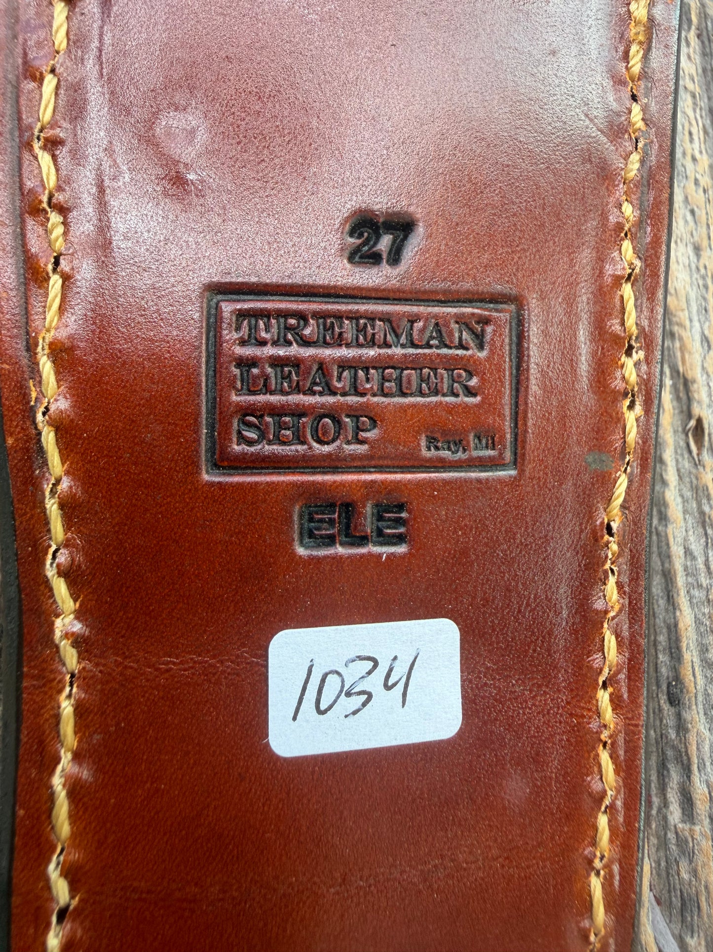 New Randall Model 27 Sheath in Exotic thick and textured Rust colored Elephant hide on brown leather from Treeman with a silver Canteen snap. Hand tooled belt loop. Killer sheath.
