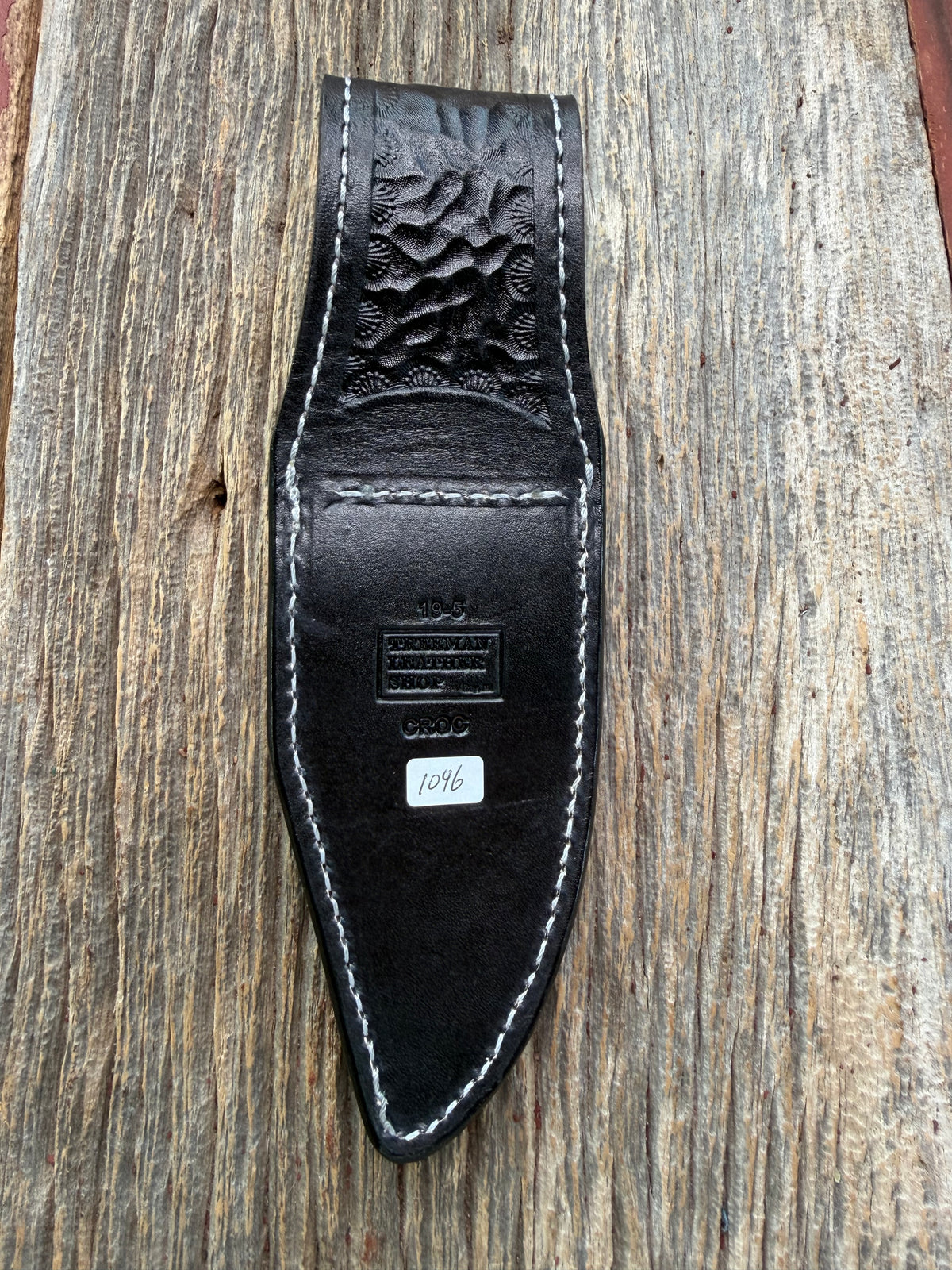 New Randall Model 19-5 Sheath in Exotic Black Matte Crocodile skull from Treeman with a Black Canteen snap. White thread deviated stitching on black leather..Killer sheath.