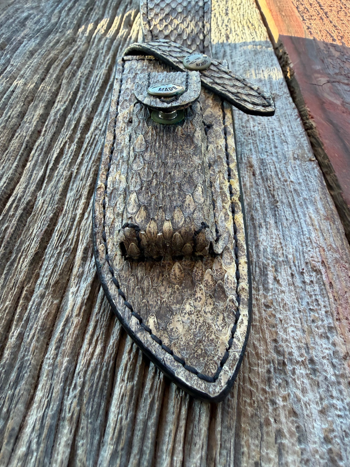 NOTE : Item is part of my personal Collection. Adding to cart will not result in sale.Very Rare Randall Sullivans by Gutcher Exotic Full Rattlesnake Knife Sheath and stone pouch for a Bowles Special. Randall Snap, Diamond inlay pattern.  Full Rattlesnake.