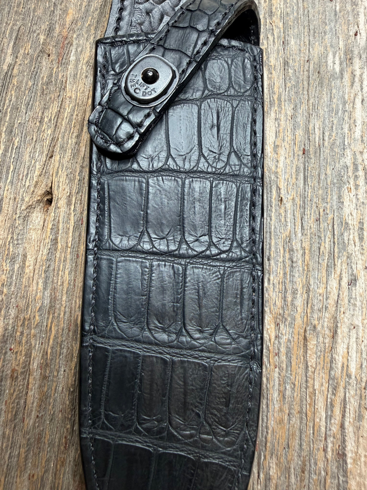 New Randall Model Clinton Special Sheath in Exotic Black Matte Crocodile from Treeman with the newest Black Canteen snap. Killer sheath.