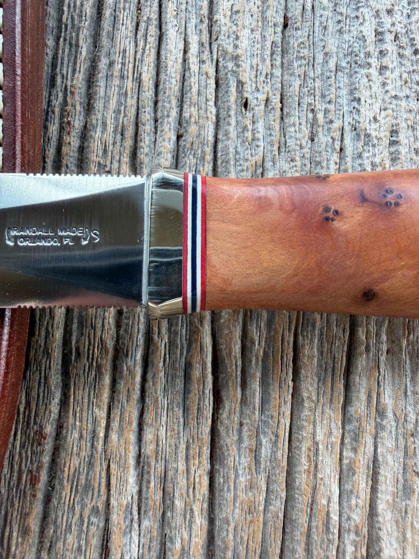 Randall Model “Guardian” 4 Inch in Thuya Wood, Nickel hilt, Stainless, Red White and Blue spacers.