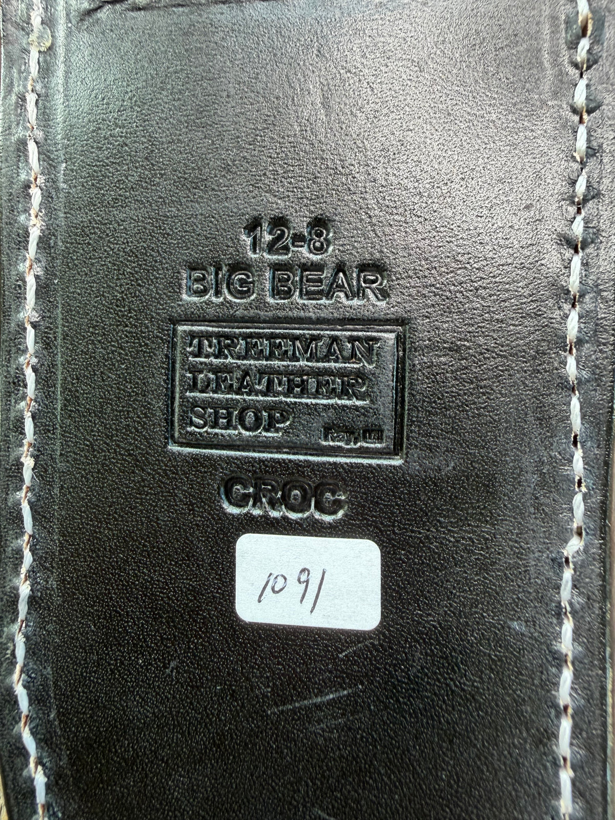 New Randall Model 12-8 Sheath in Exotic Black Matte Crocodile skull from Treeman with a Black Canteen snap. White thread deviated stitching on black leather..Killer sheath.