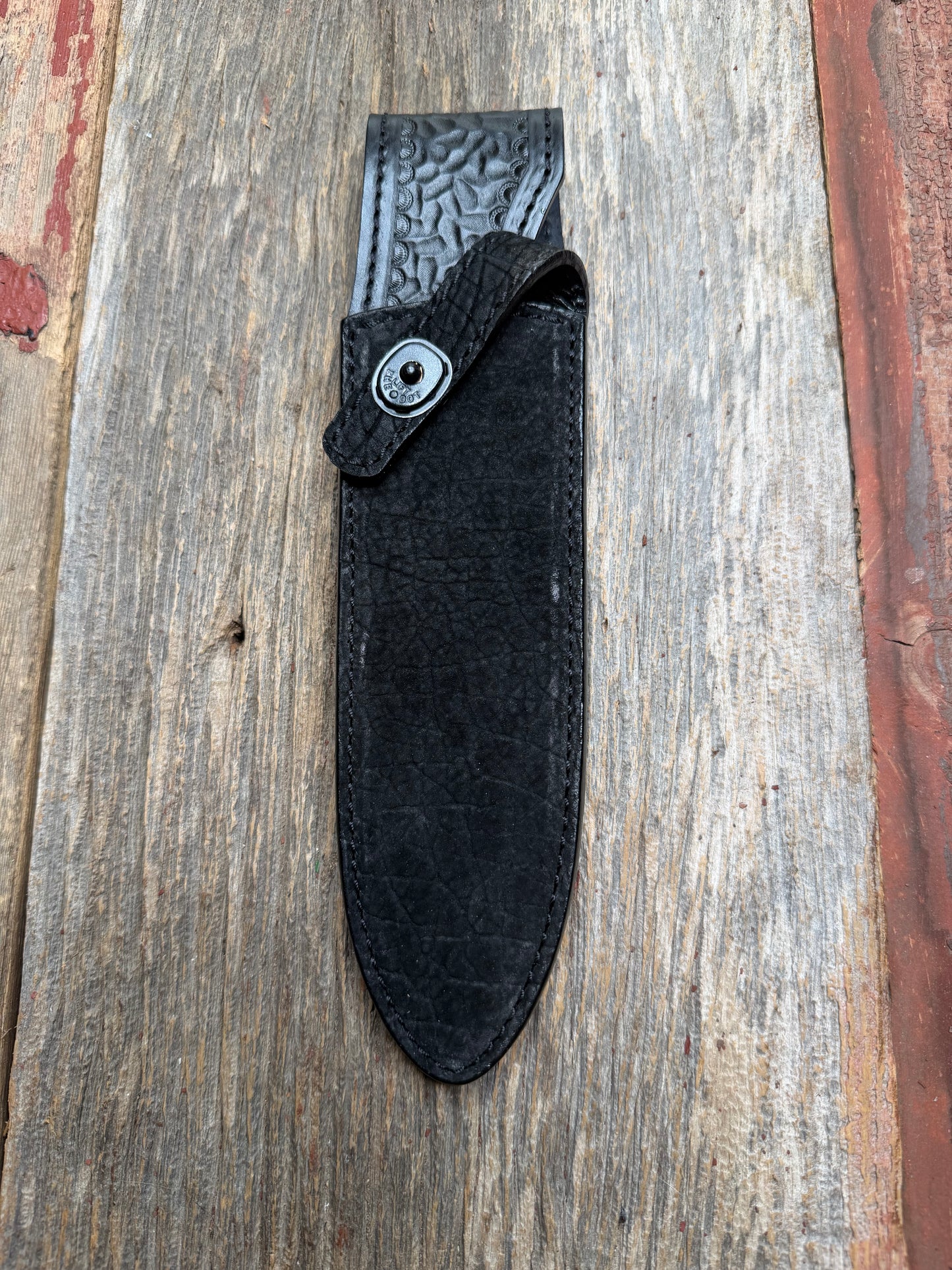 Randall Model Clinton Special in Black Hippo, forward curved hilt, black Canteen Snap, full brass stamping and stitching.