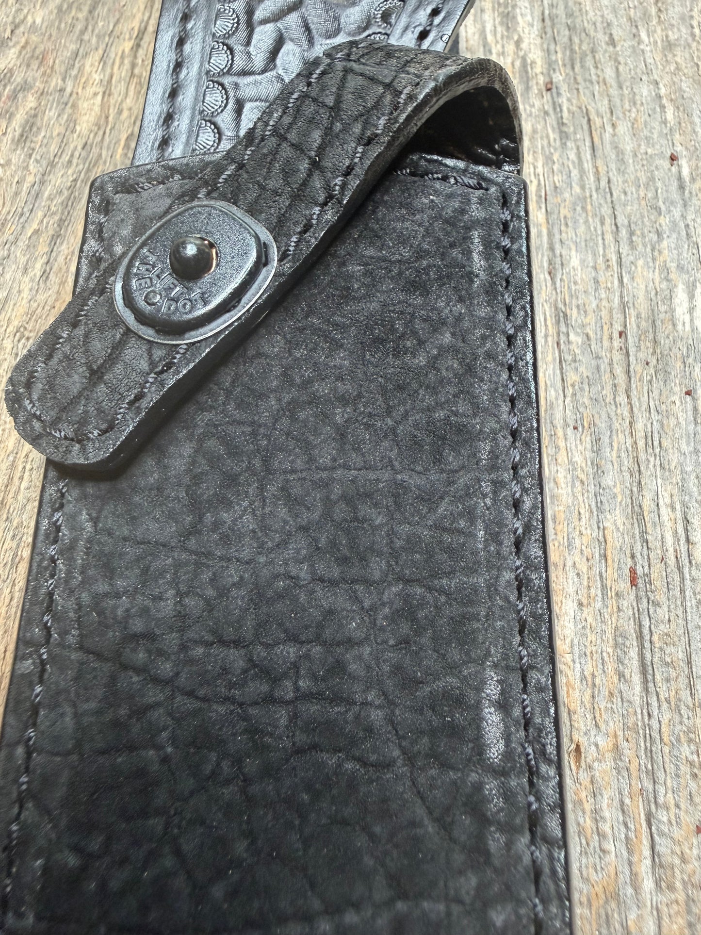 Randall Model Clinton Special in Black Hippo, forward curved hilt, black Canteen Snap, full brass stamping and stitching.