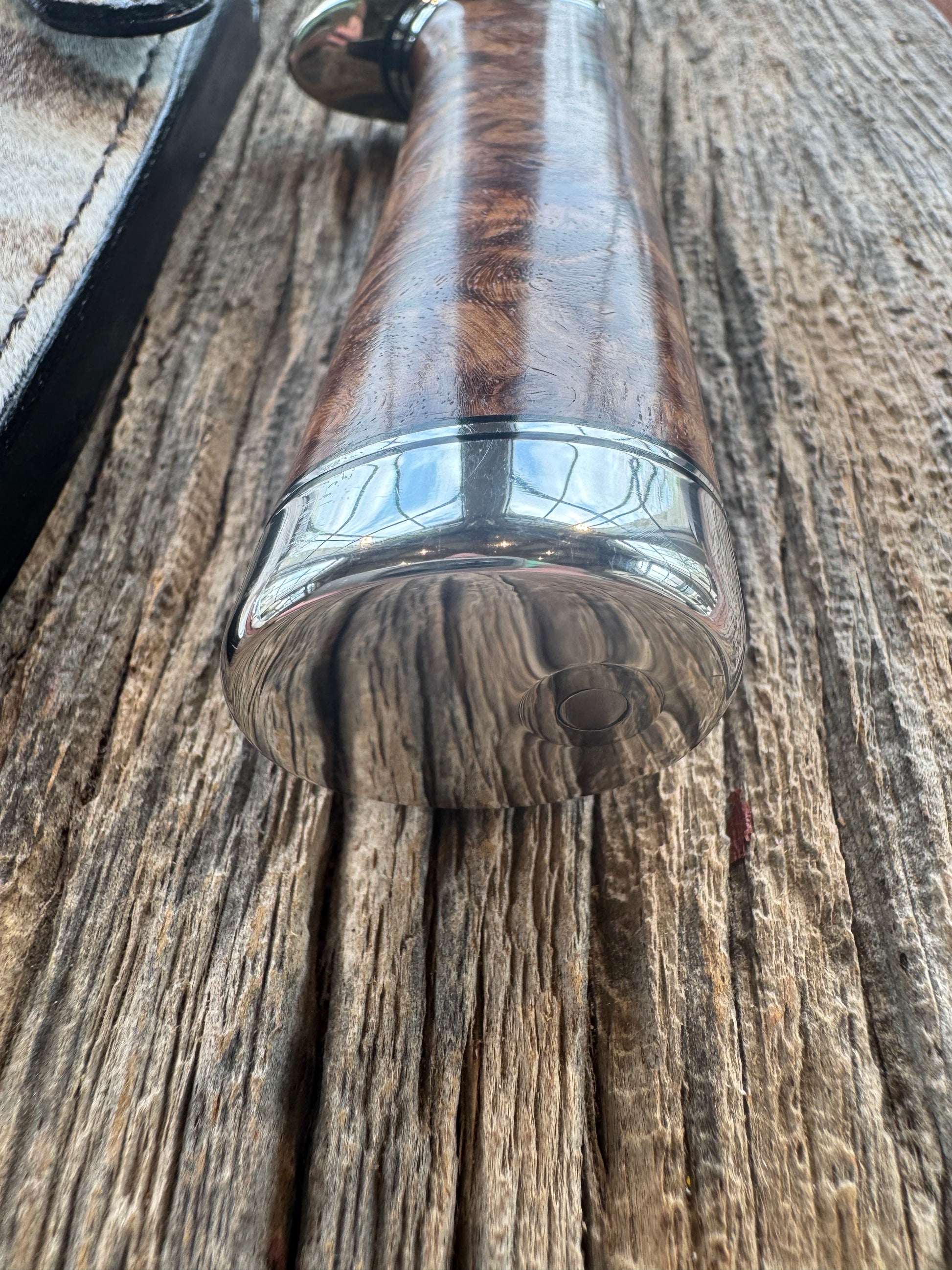 Randall Knife Model 23 Amboyna Burl wood Handle, Stainless Steel blade, Nickel Silver hilt and Butt cap. Exotic Zebra Sheath.