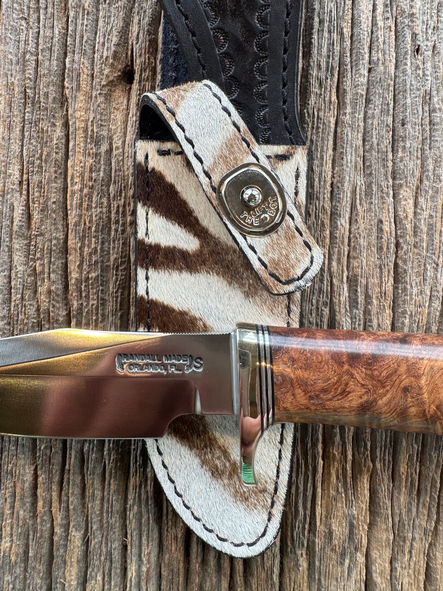Randall Knife Model 23 Amboyna Burl wood Handle, Stainless Steel blade, Nickel Silver hilt and Butt cap. Exotic Zebra Sheath.