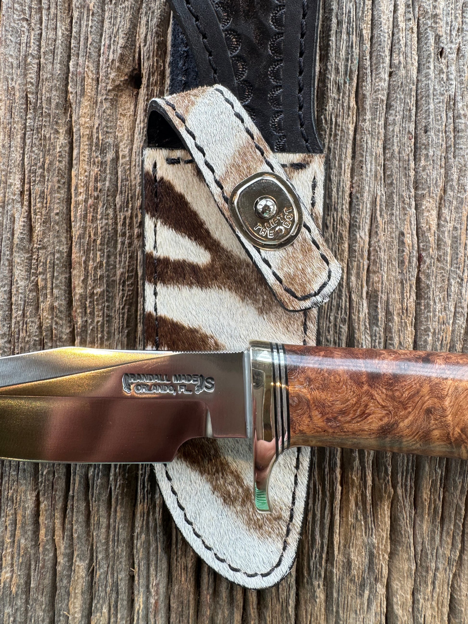 Randall Knife Model 23 Amboyna Burl wood Handle, Stainless Steel blade, Nickel Silver hilt and Butt cap. Exotic Zebra Sheath.