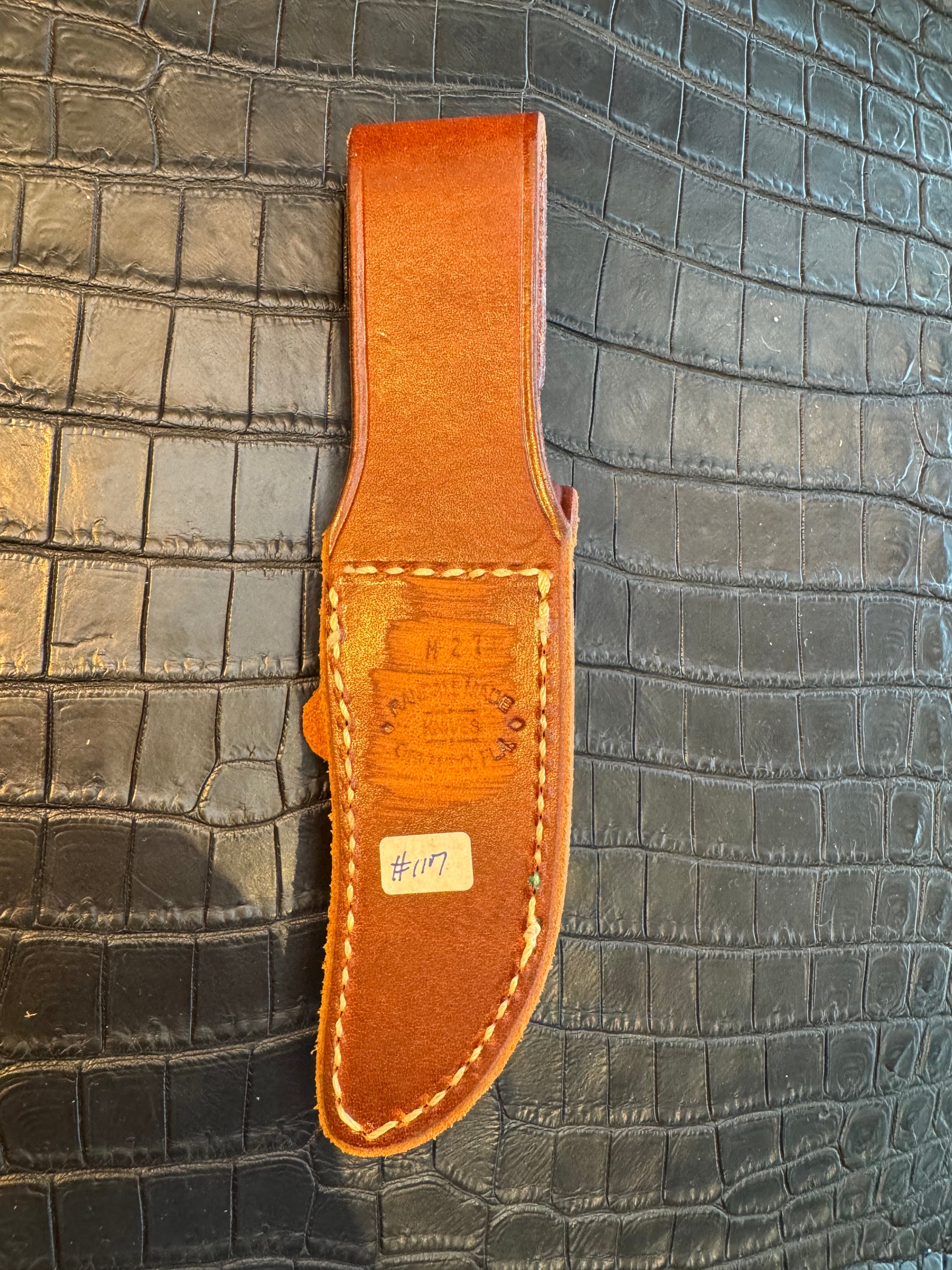 Randall Model 27 Mini (second) Sheath in Tan Leather made at Sullivans by Gutcher in Tampa Florida. Official sheath maker for Randall Knives.
