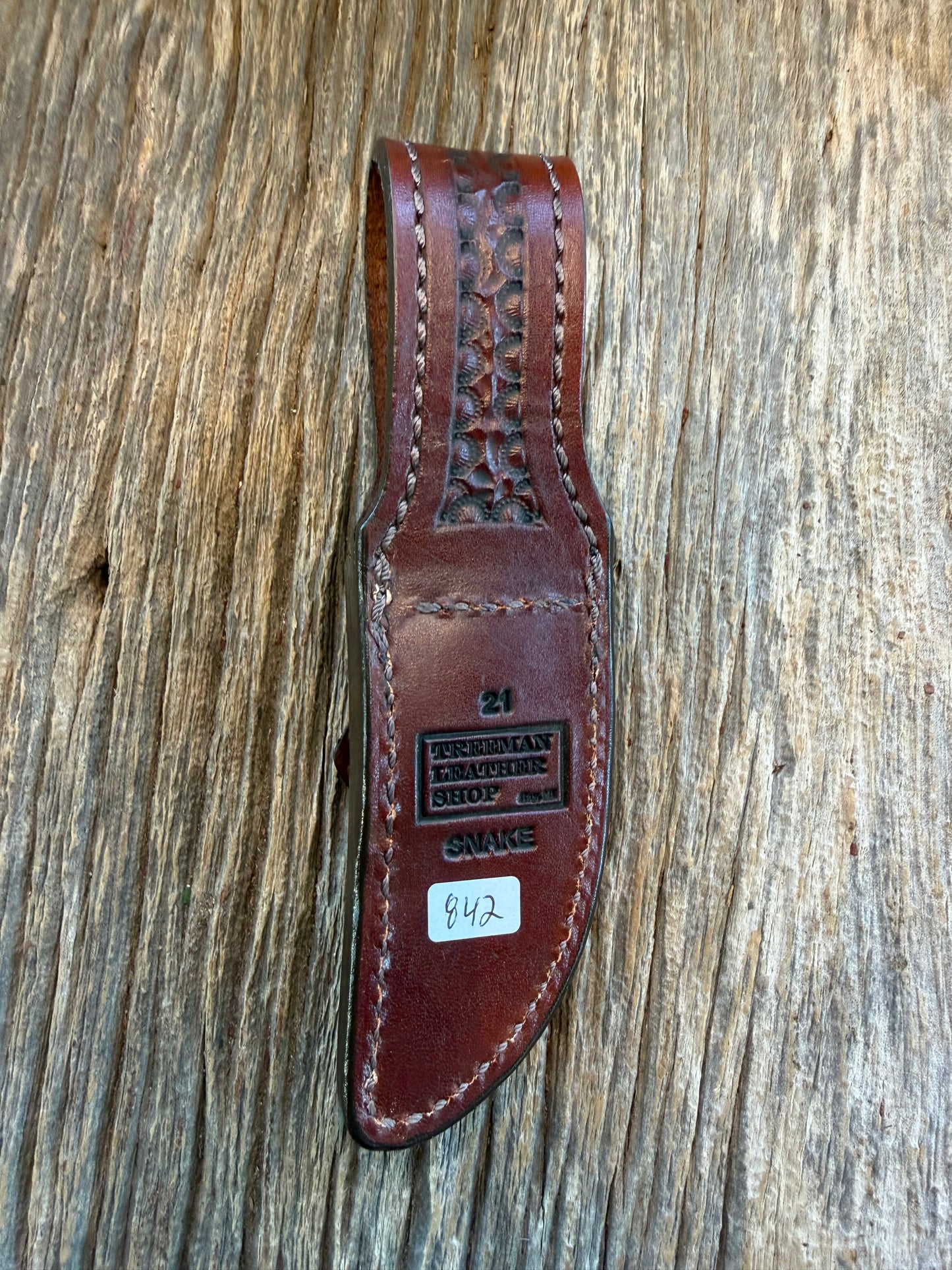 Randall Model 21 Sheath in Exotic Eastern Copperhead from Treeman Sheaths. Stunning colors and pattern.