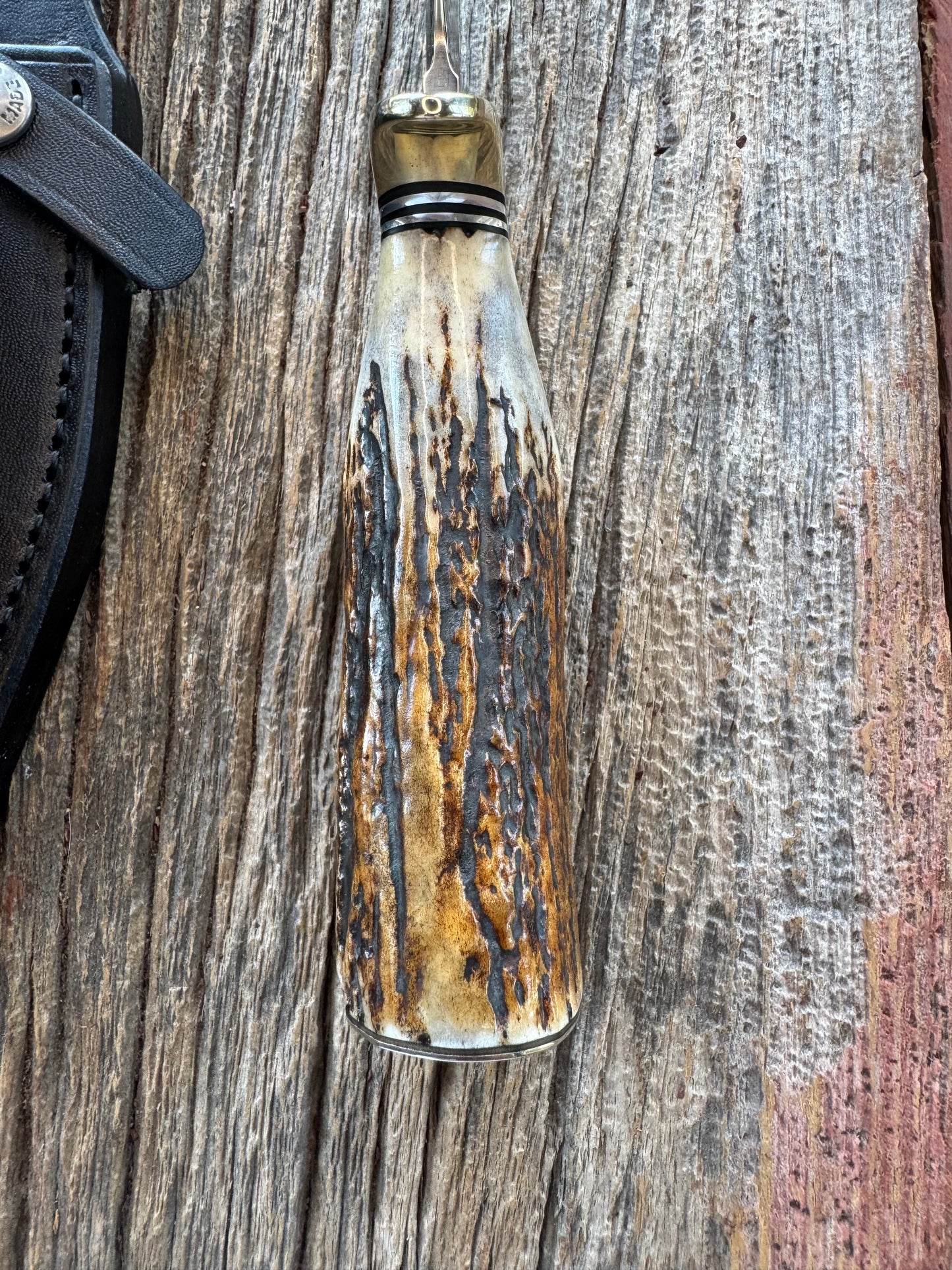 Randall Model 19-5 with a ruff and rustic piece of Stag. Nickel silver Single Hilt and Butt plate.