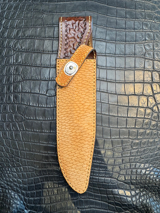 Randall Model 14 in Beaver Tail, Straight hilt, Canteen Snap, full brass stamping and stitching.