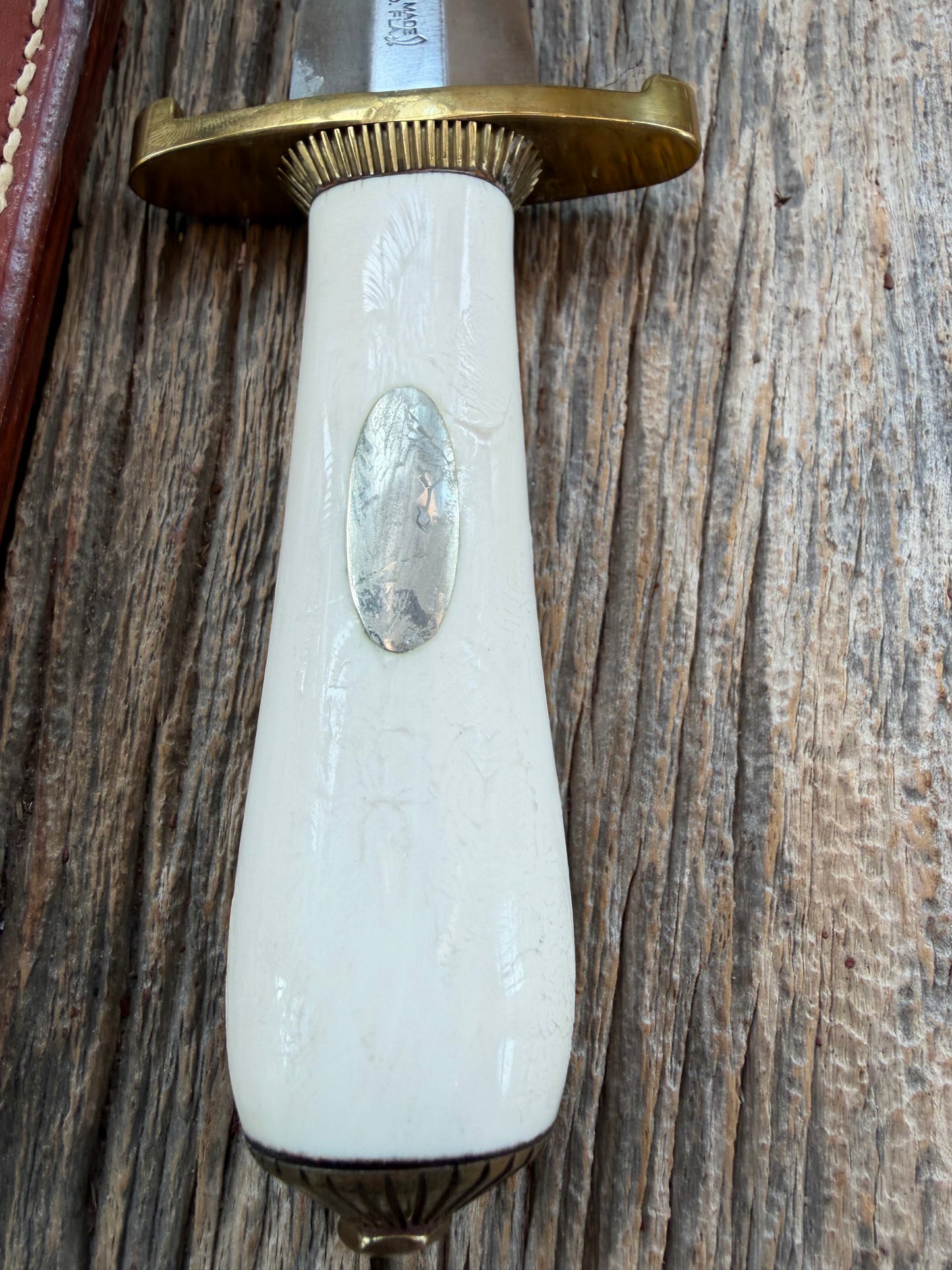 Randall Knife Model 13-6 Small Arkansas Toothpick in Elephant Ivory. Lugged Hilt, Scalloped brass collar and Coolie bottom,