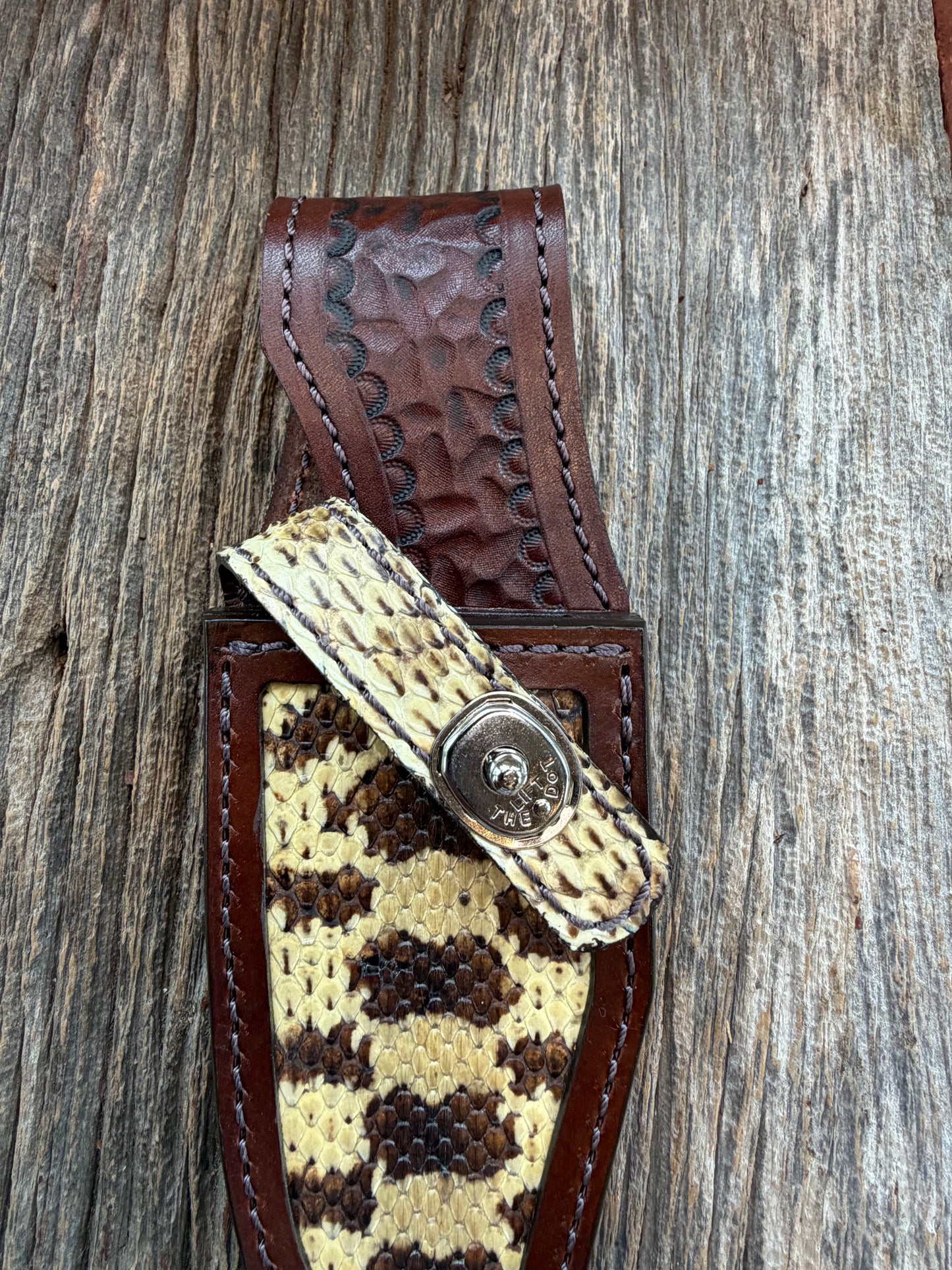 Randall Model 19-5 Sheath in Exotic West Texas Yellow Gopher Snake from Treeman Sheaths.