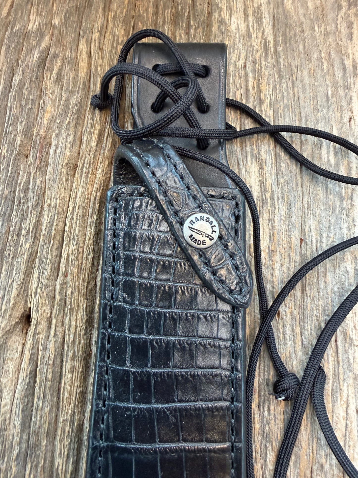 New Randall Model 1-7 or 2-7 Sheath in Exotic Black Natural Croc with lanyard straps. Custom Made at Sullivan’s by Gutcher.