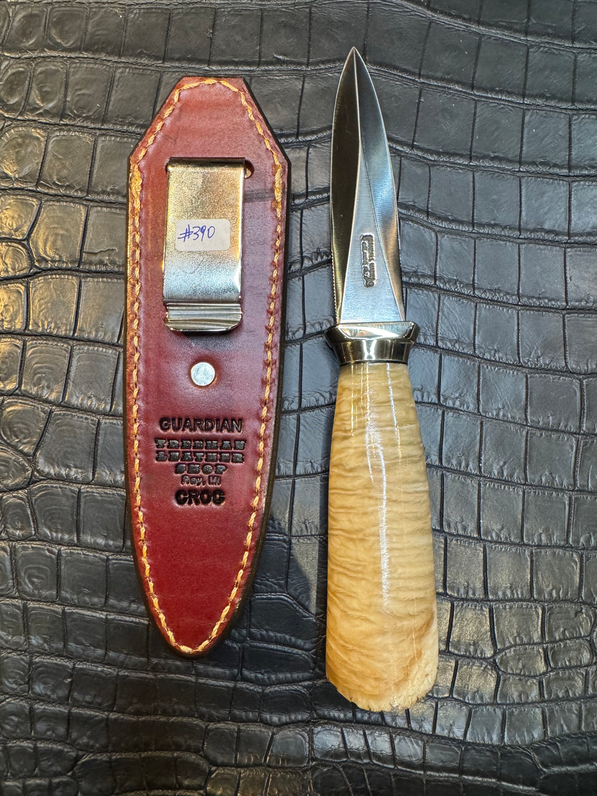 Randall Model 24 “Guardian” Sheath in Exotic Brown Crocodile by Treeman. (Sheath only)