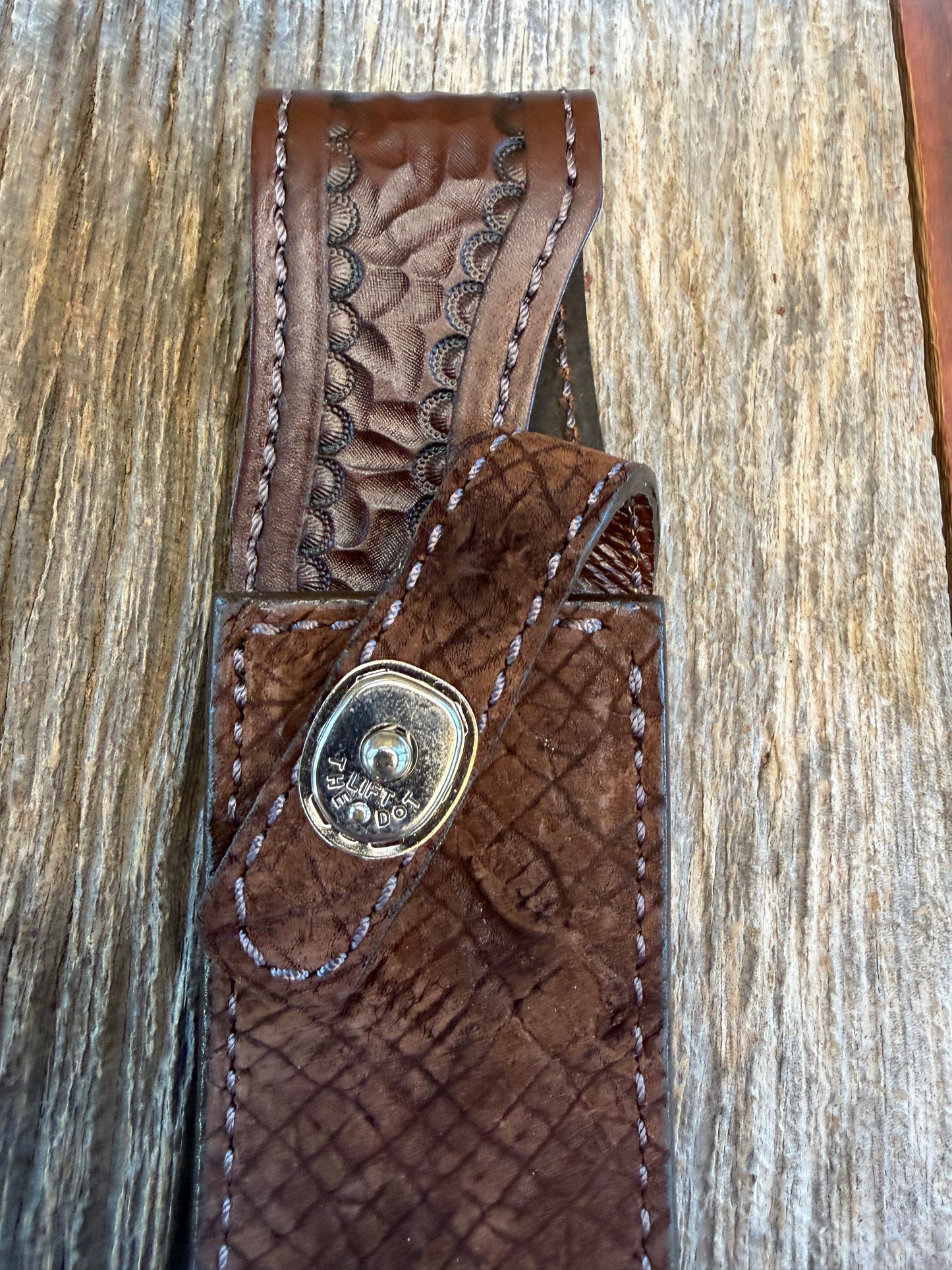 Randall Model 1-8 Sheath in Exotic Sueded Chocolate Brown Hippo by Treeman. Battle scars abound!!