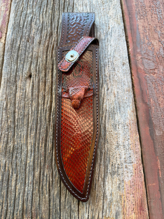 New Randall Model 12-9 Bowie Sheath in Exotic Cobra with actual head by Treeman. Black and Browns … one of only a few 12-9’s I have.