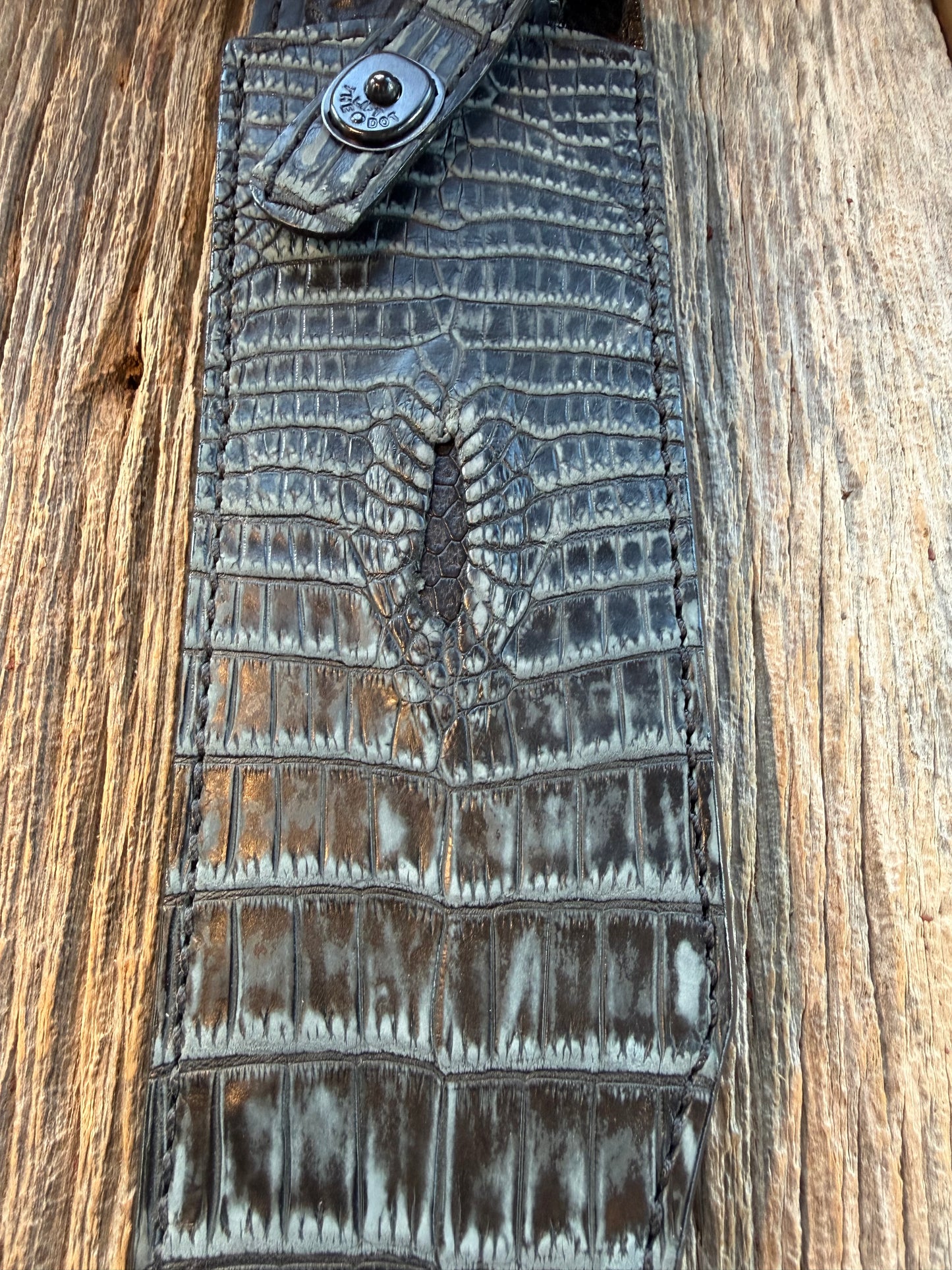 New Randall Model 12-11 Smitty Sheath in Exotic Black/Grey Matte Anus Crocodile from Treeman with the newest Black Canteen snap.