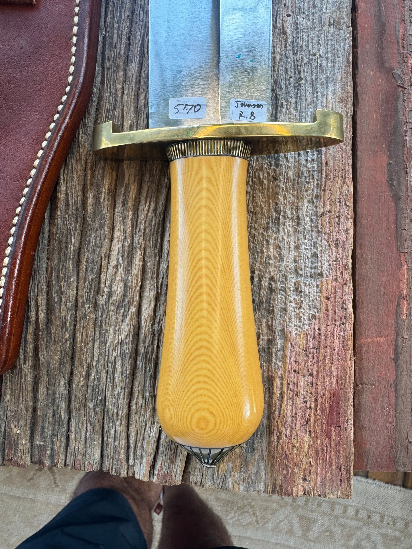 Randall Model Smithsonian in Yellow Westinghouse Micarta, Brass Lugged Hilt, Scalloped Collar and butt cap, Johnson Roughback sheath.