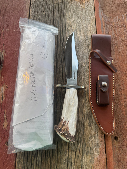 Randall Model 12-8 Big Bear in a gorgeous piece of Polished Crown Stag. Nickel Silver Hilt and a natural exposed end. Stainless,