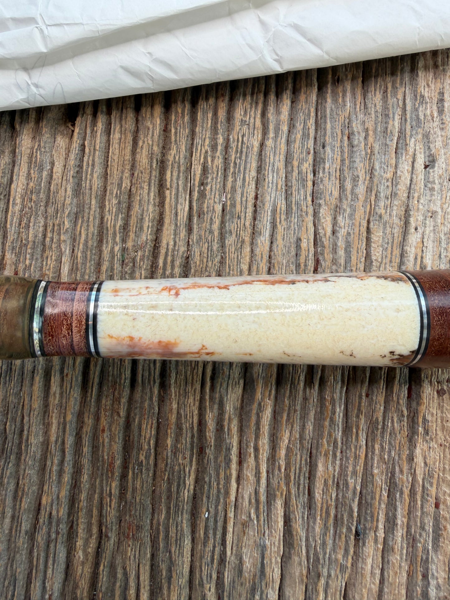 New in Paper Randall Model 12-9 Fossil Walrus Ivory and 25 style stacked Leather grip. Double Nickel Silver hilt and nickel butt cap.