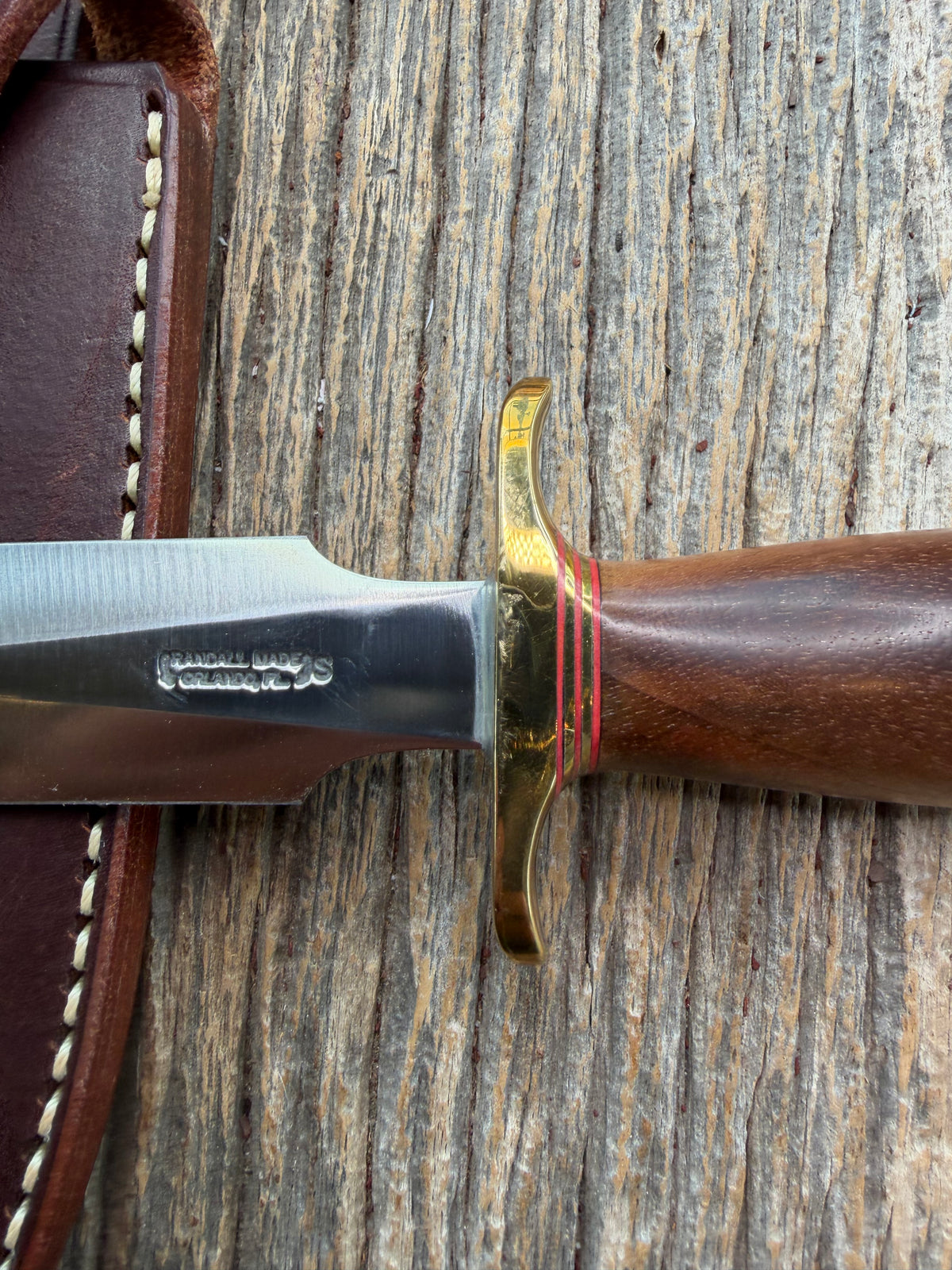 Nice Randall Knife Model 2-5 Brass Hilt, red and gold spacers, coolie Butt cap, Stainless Blade, Walnut Handle