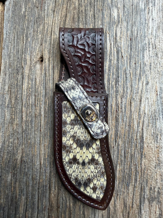 Randall Model Bowles Special sheath with an Eastern Diamondback RattleSnake skin from Treeman Sheaths. Hand tooled belt loop, canteen snap. Vibrant colors and one of the hardest skins to source.