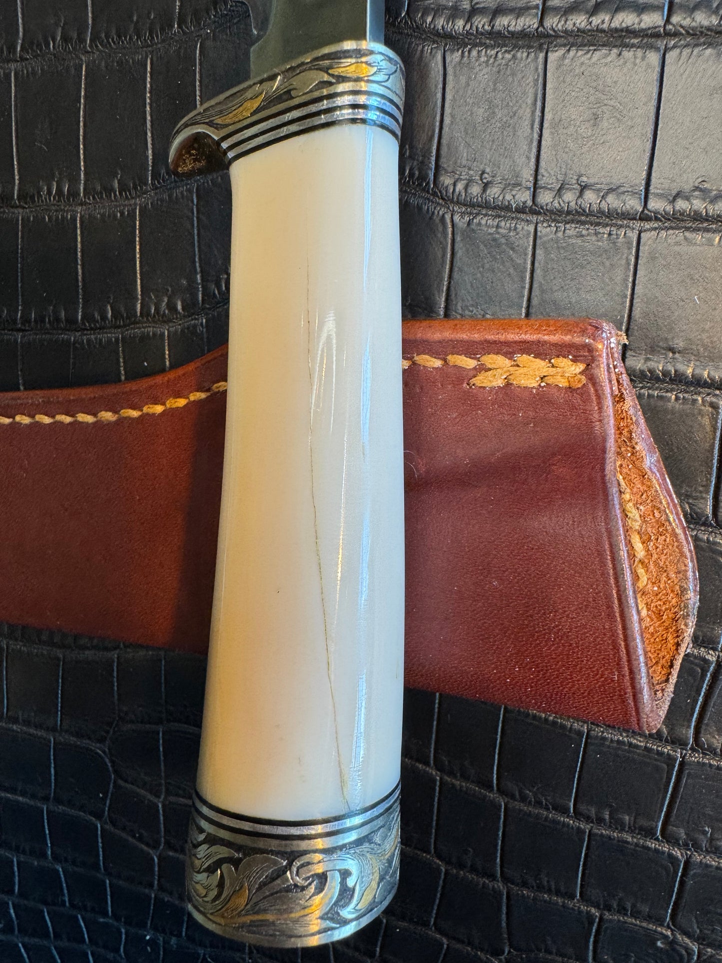 Randall Model 26 in Elephant Ivory, Gold and Silver Engraved, Nickel Silver Single Hilt and Butt cap fully engraved.