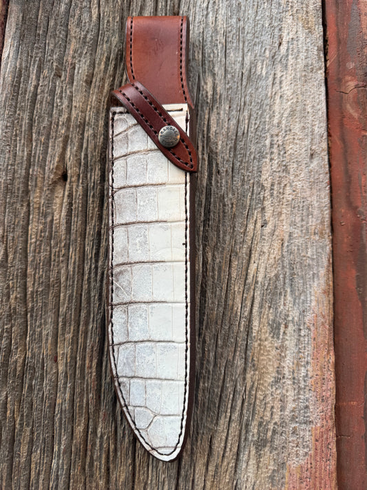New Randall Model 1-8 or 2-8 Sheath in Exotic white and black Natural Croc with full leather belt loop. Custom Made at Sullivan’s by Gutcher with Randall stamp on back and snap.