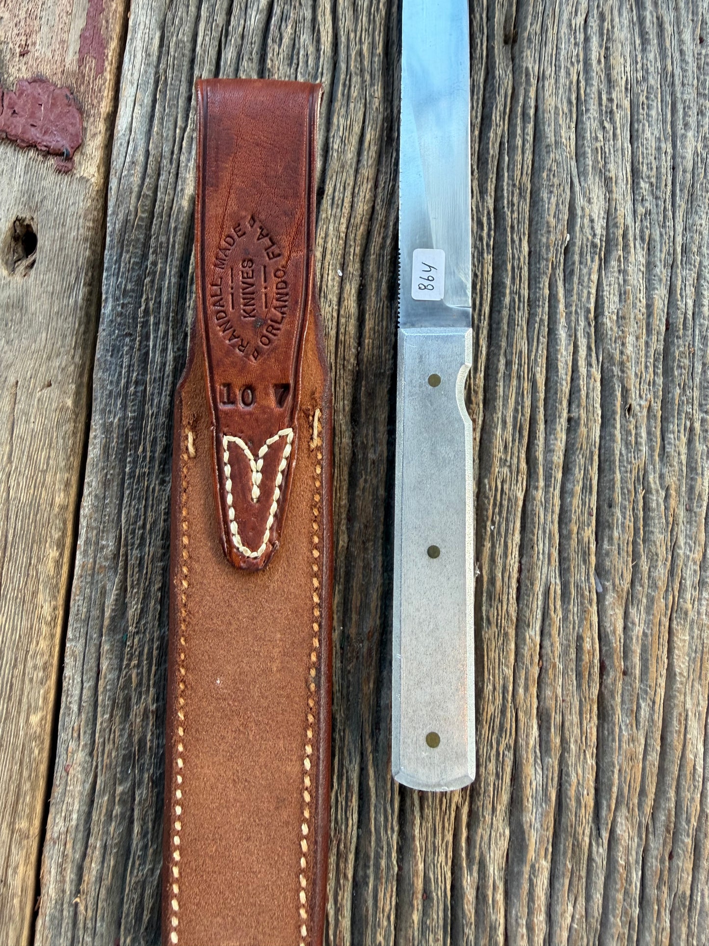 Vintage Randall Knife Model 10-7 Fisherman Aluminum handle rare carbon Steel blade, Butterfly vintage sheath.