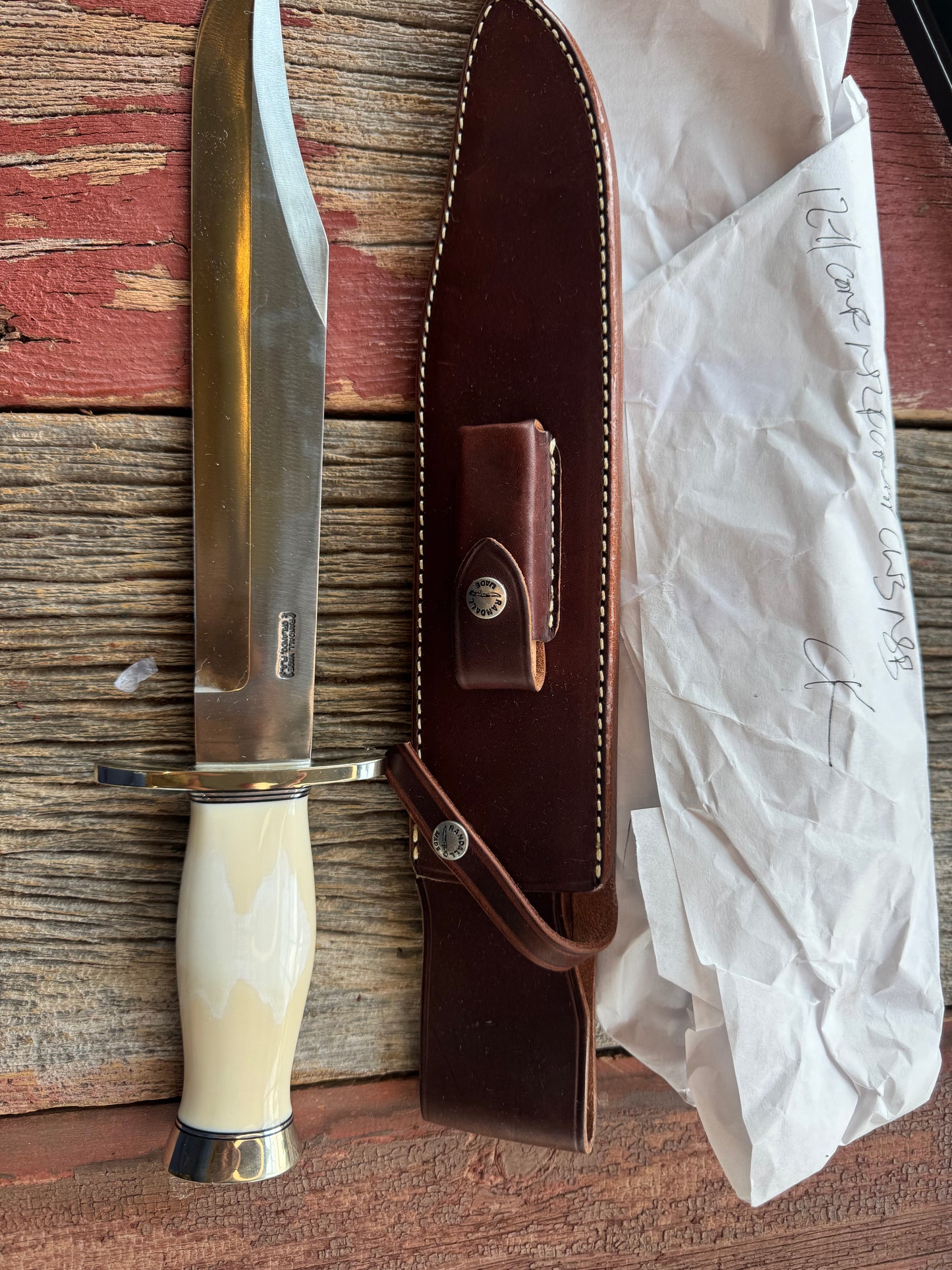 New in Paper Model 12-11 Confederate Bowie. Beautiful creamy Fossil Walrus Ivory with a Nickel  Silver forward curved hilt and butt cap. Unreal Scrim opportunity!! Blank Canvas..