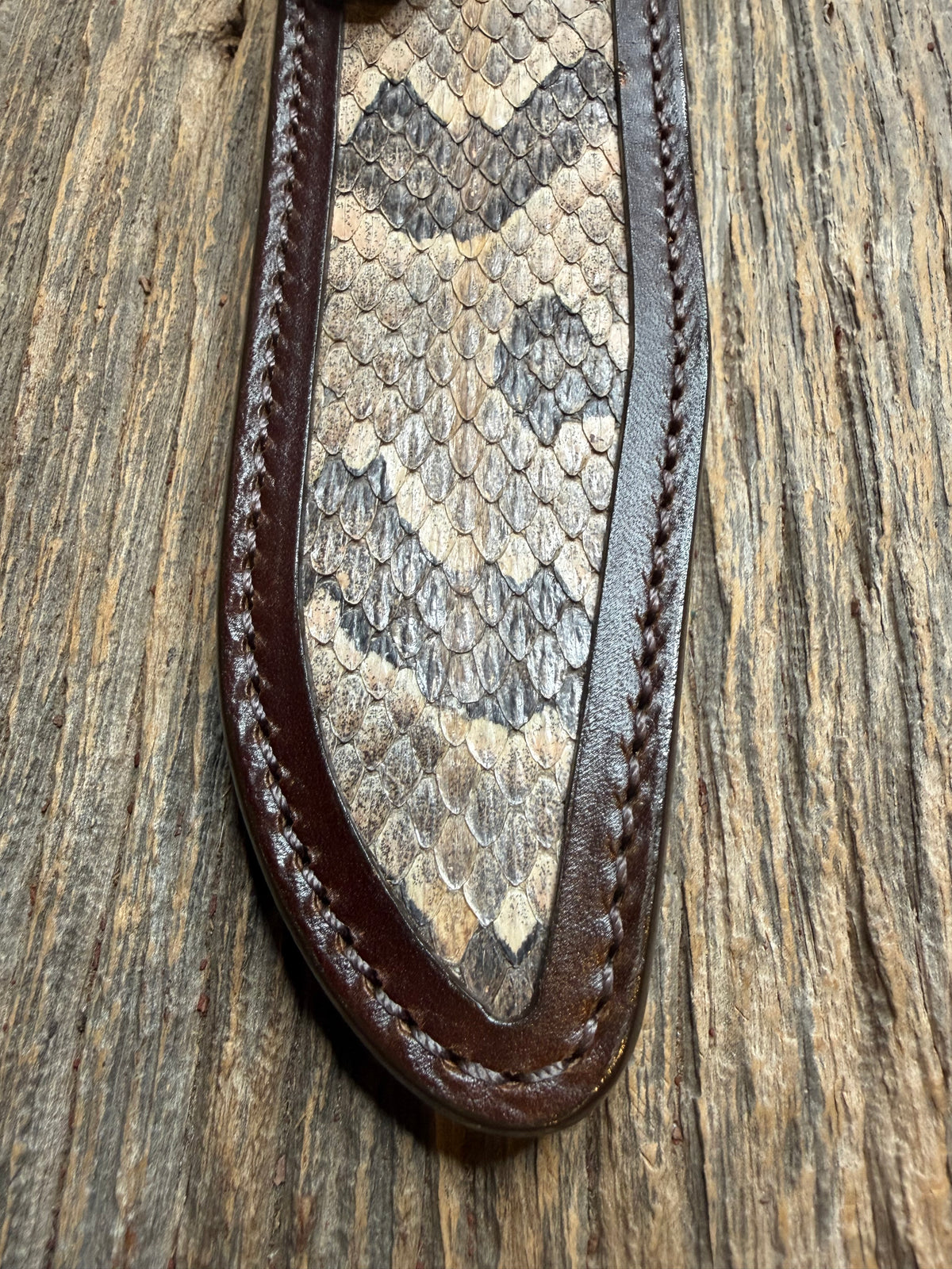 Randall Model 1-7 sheath with a Canebrake RattleSnake skin from Treeman Sheaths. Vibrant colors and along side Copperheads the hardest skin to source.