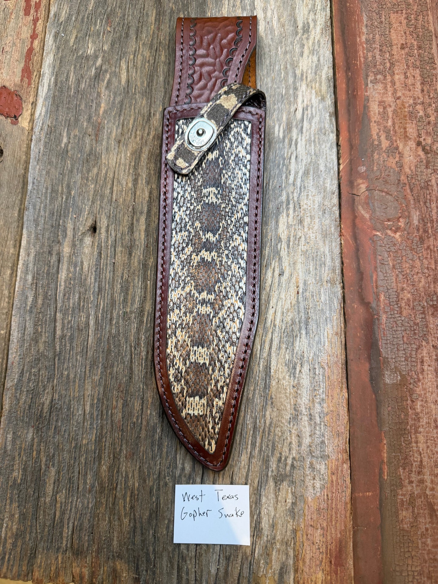 Randall Model 12-9 Sheath in Exotic West Texas Yellow Gopher Snake from Treeman Sheaths. Dark colors from the center of the skin, phenomenal.