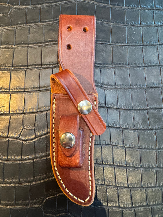 Randall Model 27 Mini (second) Sheath in Tan Leather made at Sullivans by Gutcher in Tampa Florida. Official sheath maker for Randall Knives.